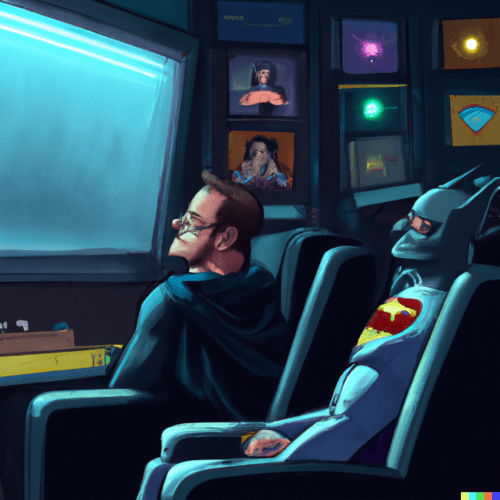 batman and superman whatching a movie in a cinema