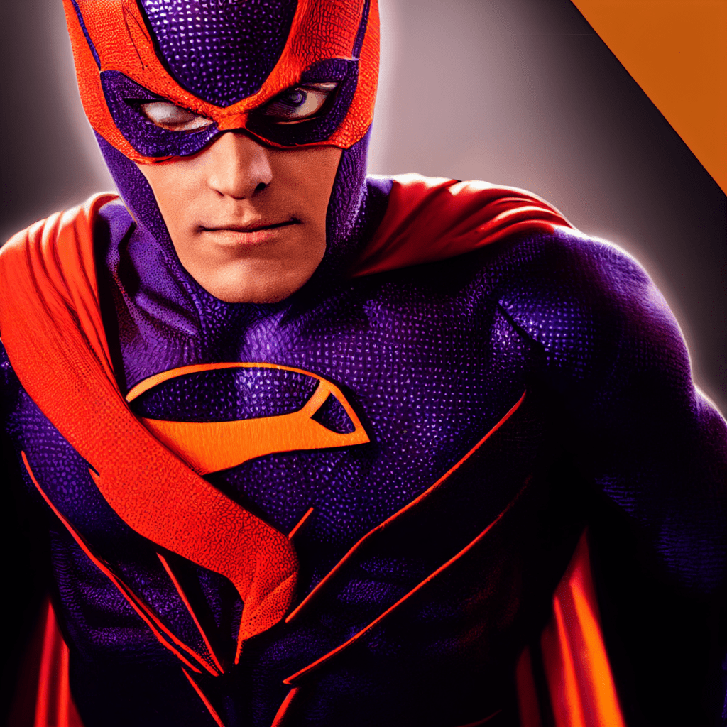 superhero with musles orange and purple realis