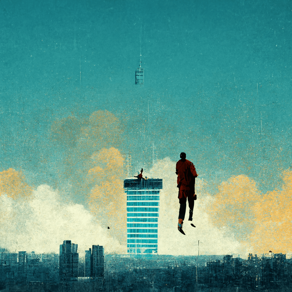 a man jumps from one skyscraper to another