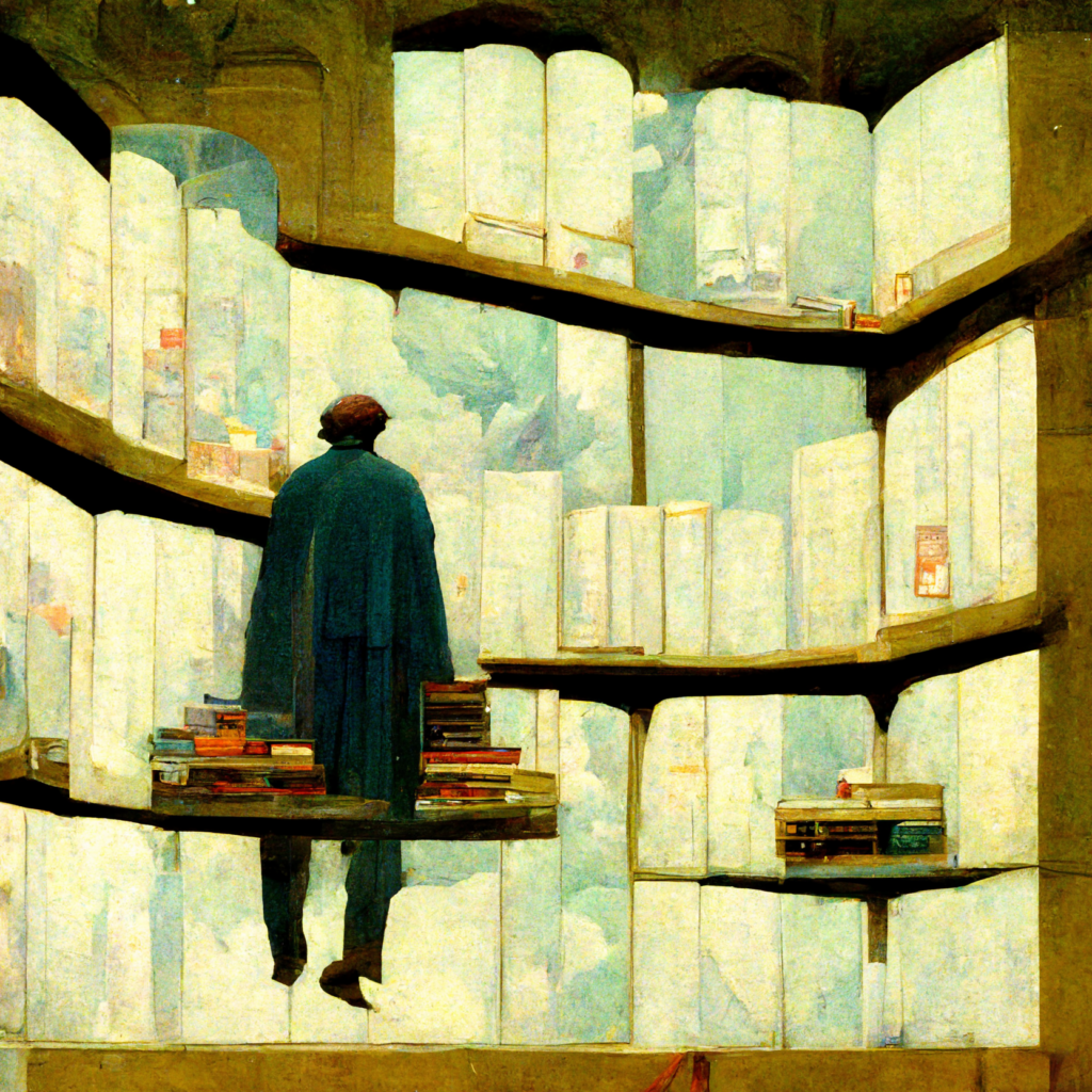 flying floating books in a library a man standing in