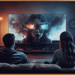 A couple watching a telekinesis show on smart TV at home, an exciting show in a cosy room.