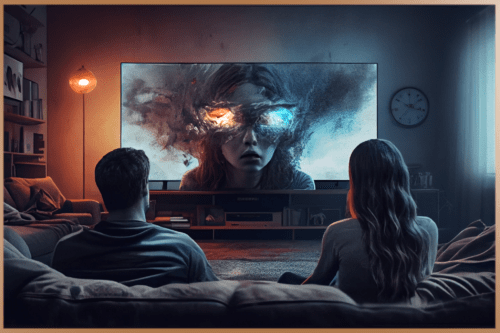 A couple watching a telekinesis show on smart TV at home, an exciting show in a cosy room.