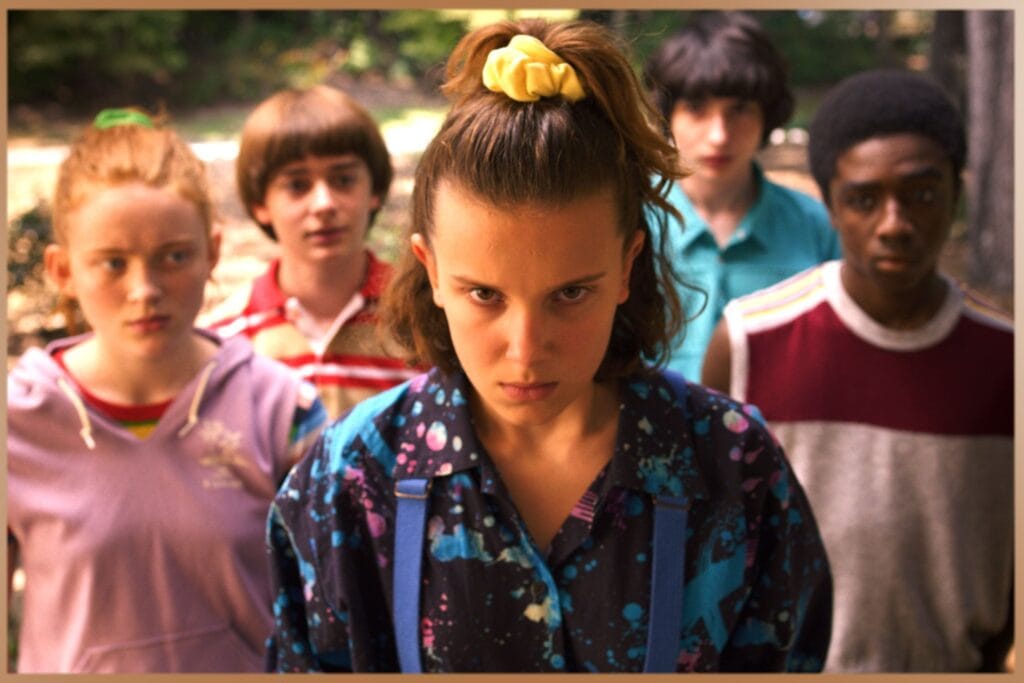 Scene from Stranger Things series with Eleven and other characters