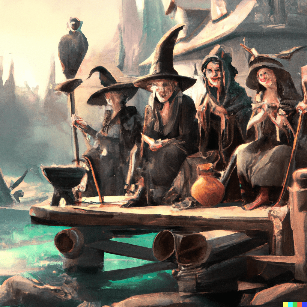 witches sitting on the dock in court, digital art